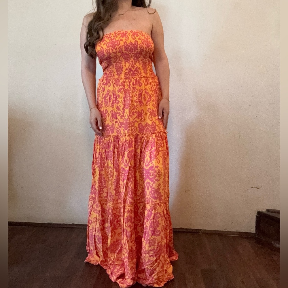 Elegant Orange and Pink Strapless Dress